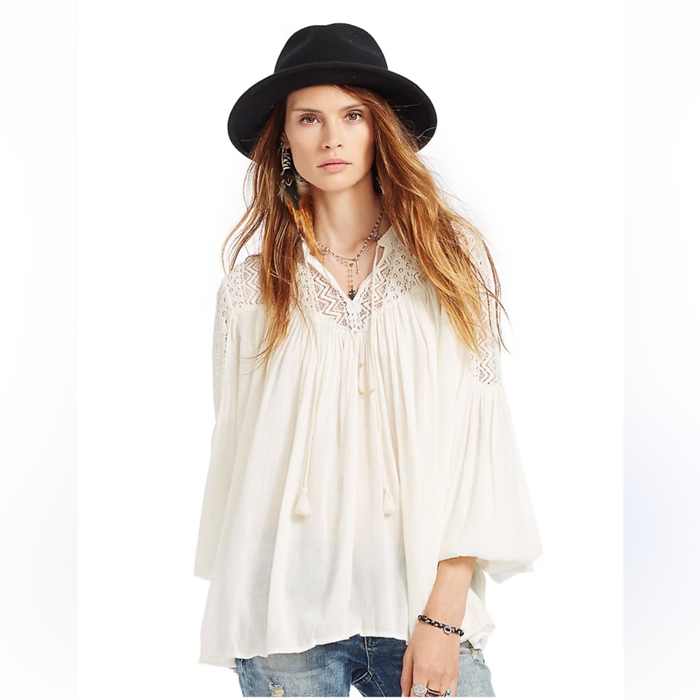 Denim & Supply Ralph Lauren Crochet Yoke Peasant Top Tunic Cream Boho XL
